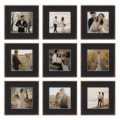 multiple pictures of people in wedding outfits are arranged on a white background with black frames