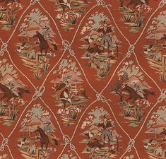 an orange and brown fabric with horses on it