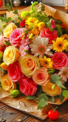 a bouquet of colorful flowers sitting on top of a wooden table next to a cherry