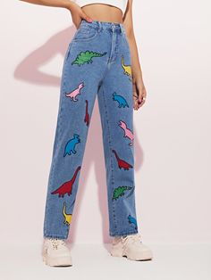 Medium Wash  Collar  Denim Dinosaur Straight Leg Embellished Non-Stretch  Women Clothing Painted Jeans, Cute Pants, Painted Clothes, Jeans Diy, Printed Jeans, Cute Jeans, Swaggy Outfits, Waist Jeans, Really Cute Outfits