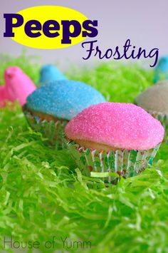 peeps frosting cupcakes in grass with the words peeps frosting above them