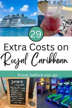 29 Extra costs on a Royal Caribbean cruise vacation - know before you go.  There are 4 smaller images.  2 Cruise ships, a frozen cocktail, Jamie's Italian specialty restaurant sign, and a cruise ship arcade. Voyager Of The Seas Royal Carribean, First Time Cruise Tips Royal Caribbean, Cruise Hacks Royal Caribbean, Cruise Royal Carribean, Icon Of The Seas Royal Caribbean, Royal Caribbean Cruise Tips, First Time Cruise Tips, Cruise Royal Caribbean, Cruise Packing List Caribbean