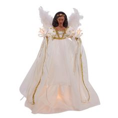 an angel figurine with white wings and gold trimmings