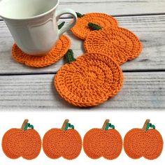 four pumpkin coasters are shown next to a cup