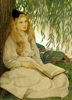 a painting of a woman sitting under a tree reading a book