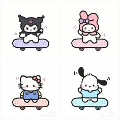 hello kitty on skateboards in four different colors