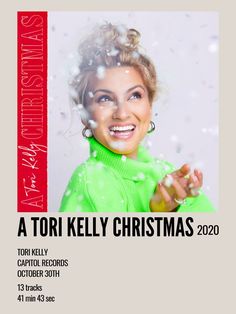 a flyer for a christmas concert with a woman in green sweater and snowflakes