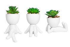 three planters with plants in them sitting on their legs, one is white and the other is green