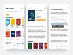 three screens showing different types of books on the same page, one with an open book and