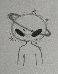 a drawing of an alien with stars on it's head and eyes, in black ink