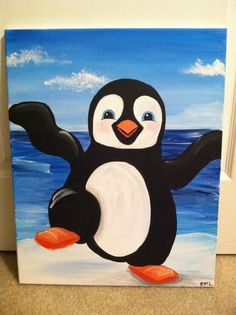 a painting of a penguin on the beach