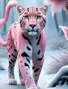 a painting of a pink and black leopard walking through the snow with trees in the background