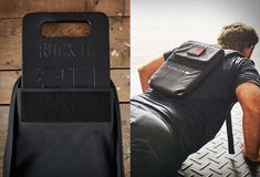 there is a man sitting on the ground next to a black bag and another photo