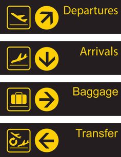 three signs with arrows pointing in different directions and the words departure, departure, arrivals, baggage transfer