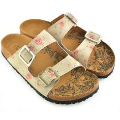 Beige and Pink Roses, Green Leaf Patterned Sandal - CAL209 – Calceo.co Beige And Pink, Double Strap Sandals, Colored Sandals, Strap Sandals Women, Fancy Shoes, Girly Shoes, Swag Shoes, Buckle Sandals, Shoe Closet