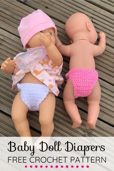 two dolls laying next to each other on a wooden floor with text overlay that says baby doll diapers free crochet pattern