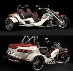 two side by side pictures of a white and red trike with the seats down