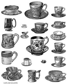 coffee cups and saucers are shown in this black and white drawing, which is part of a series of teacups and saucers