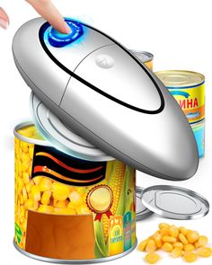 a hand reaching into a can of corn with a computer mouse on top of it