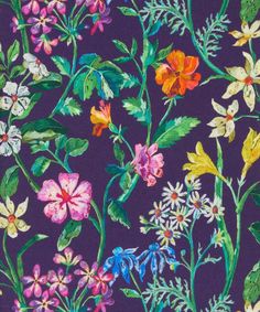 a painting of flowers on a purple background with green leaves and red, yellow, blue, pink, orange, and white flowers