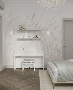 a bedroom with a white piano in front of a wallpapered background and wooden flooring