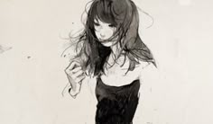 a black and white drawing of a girl with her hair blowing in the wind,