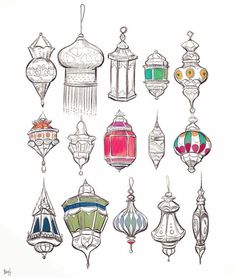 a drawing of many different types of lanterns