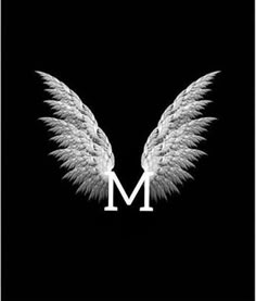 the letter m is made up of white angel wings on a black background with an uppercase