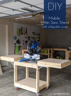 a workbench with tools on it and the text diy mobile mitter saw stand