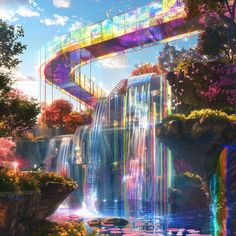 the waterfall is surrounded by colorful lights