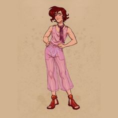 a drawing of a woman with red hair wearing pink pants and a purple shirt, standing in front of a beige background