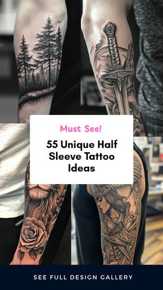 Explore 55 inspiring half sleeve tattoo ideas for men. This pin presents an array of unique designs that blend personal meanings with creative art, perfect for tattoo enthusiasts seeking inspiration.