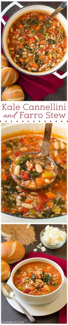 two pictures showing different types of soup in the same pan, with bread on the side