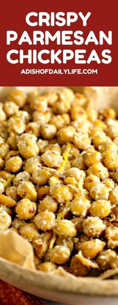 crispy parmesan chickpeas in a bowl with the title above it