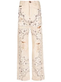 beige/black cotton paisley print ripped detailing high-waisted straight leg front button and zip fastening classic five pockets Philipp Plein Jeans, Philip Plein, Dress Reference, Denim Diy, Cotton Jeans, Women Watches, Airport Fashion, Famous Women, Philipp Plein