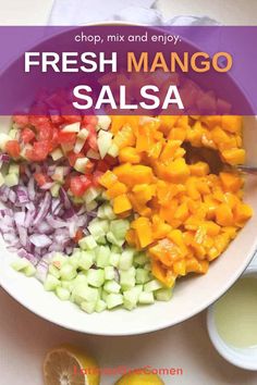 fresh mango salsa in a bowl with the title above it