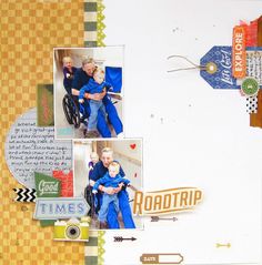 a scrapbook page with pictures of people in wheelchairs and the words road trip written on it