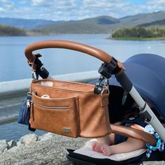 a baby in a stroller next to a body of water