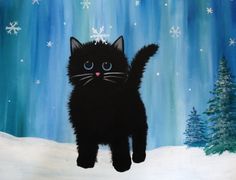 a painting of a black cat standing in the snow with blue sky and stars behind it