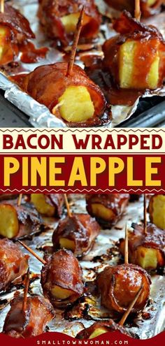 bacon wrapped pineapples with toothpicks in tin foil on a red and white background