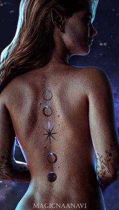 the back of a woman's body with tattoos and stars on her upper half