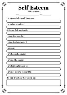 the worksheet for self - esteem is shown in black and white, with words above