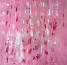 an abstract painting with pink and green paint on the bottom half of it, as well as small red dots