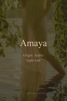 an image of a woman standing in the water with her arms behind her head and text that reads, amaya origin arabic night rain