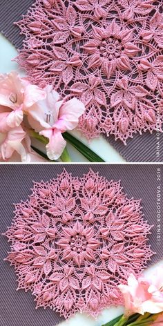 crocheted doily with pink flowers on the side and another photo of lace doiling