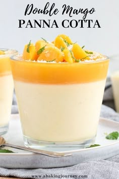 two small bowls filled with food on top of a white plate and the words double mango panna cota