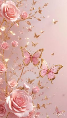 pink roses and gold butterflies on a light pink background