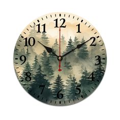 a clock with trees painted on the face and numbers in red, black and white