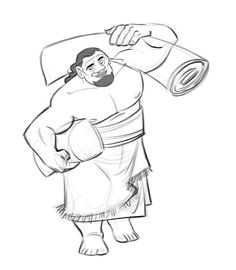 a drawing of a man holding a large object in one hand and wearing a robe on the other