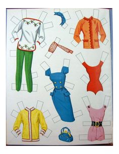 paper doll clothes are arranged on top of a piece of paper with scissors and thread